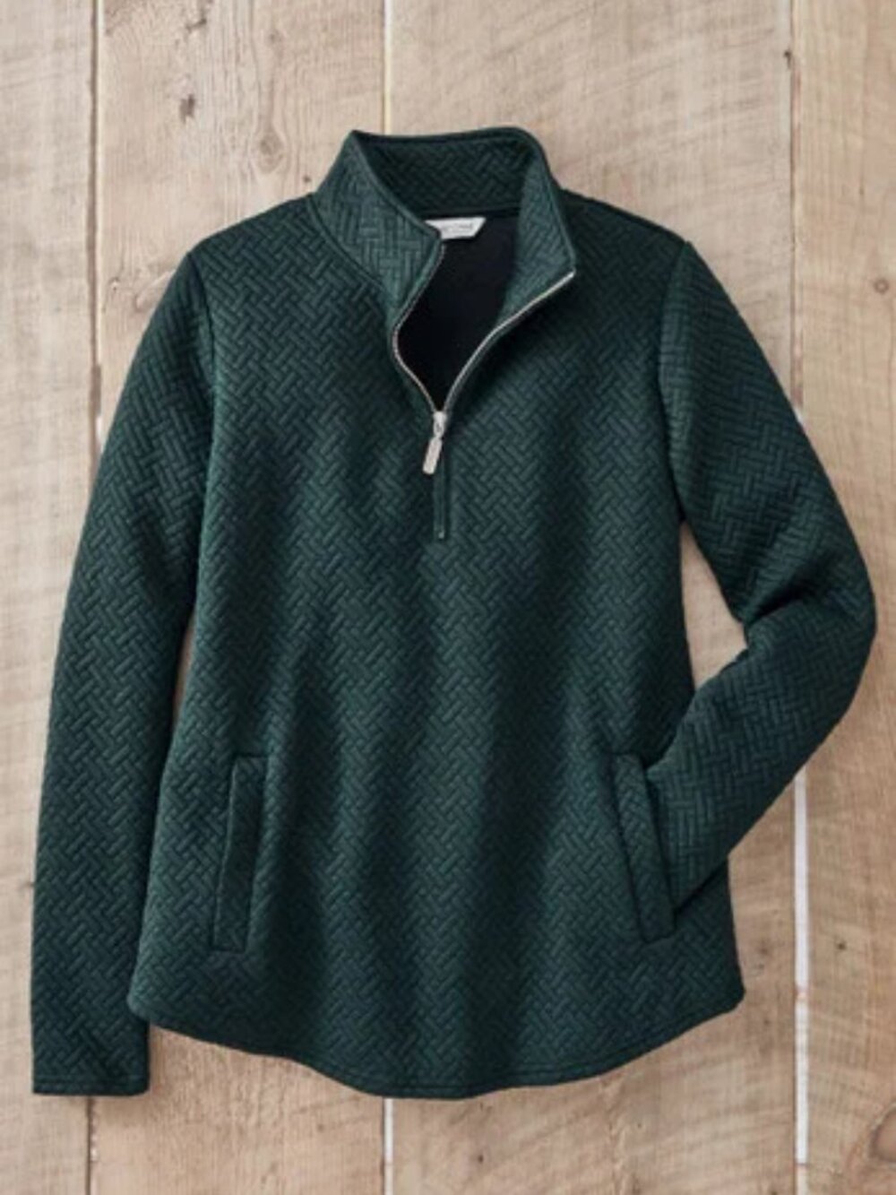 Tulip-Hem Jacquard Pullover in Forest green XL with snap neck closure